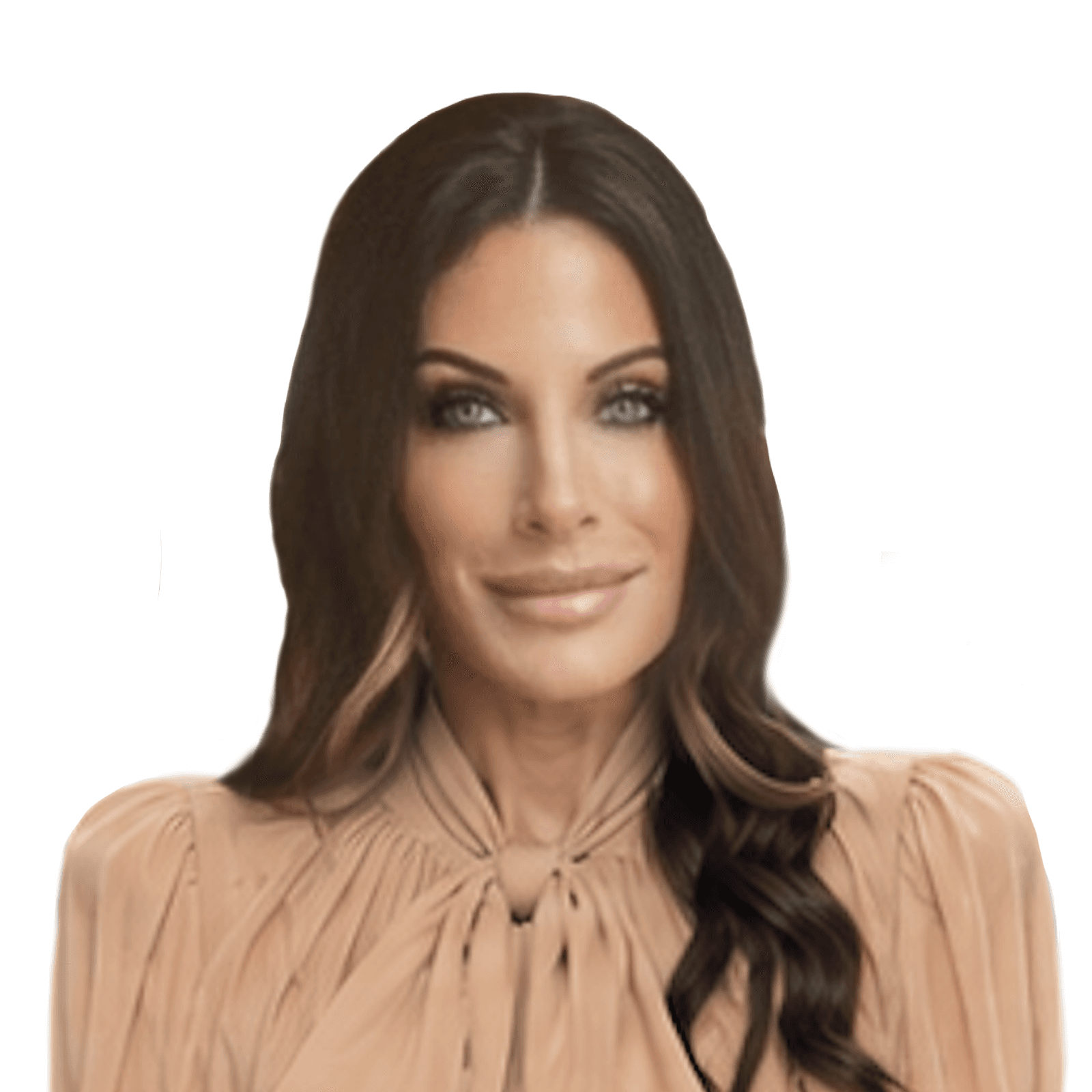 A woman with long dark hair and light eyes smiles, wearing a light tan blouse with a bow.