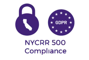 Icons for NYCRR 500 compliance, including a lock with CA map and GDPR logo